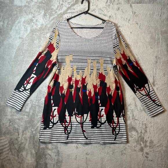 Whimsical Retro Cat Print Tunic Dress Vintage Inspired Boho Aesthetic Artsy LG - Picture 1 of 6